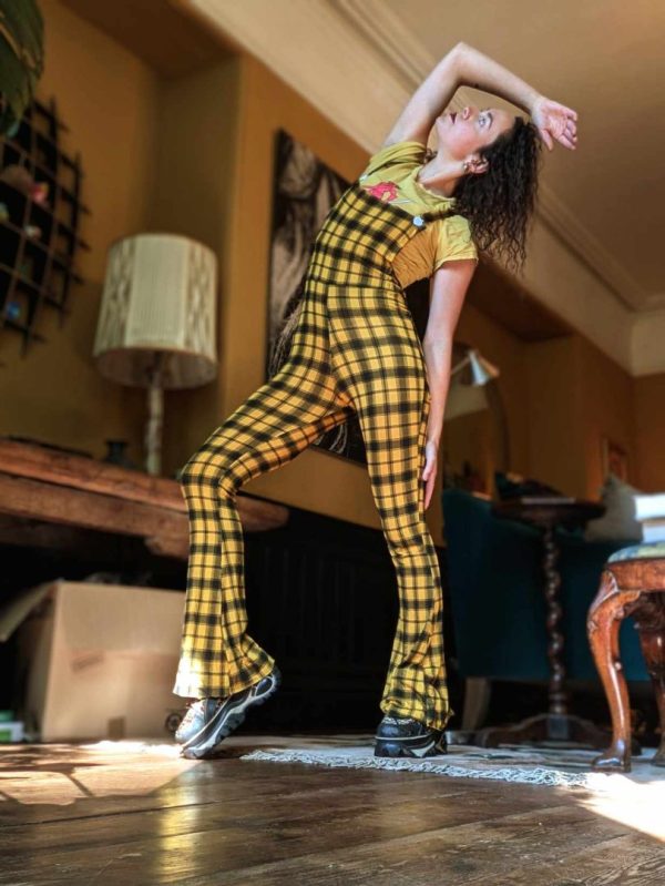 Yellow brick road tartan flare dungarees